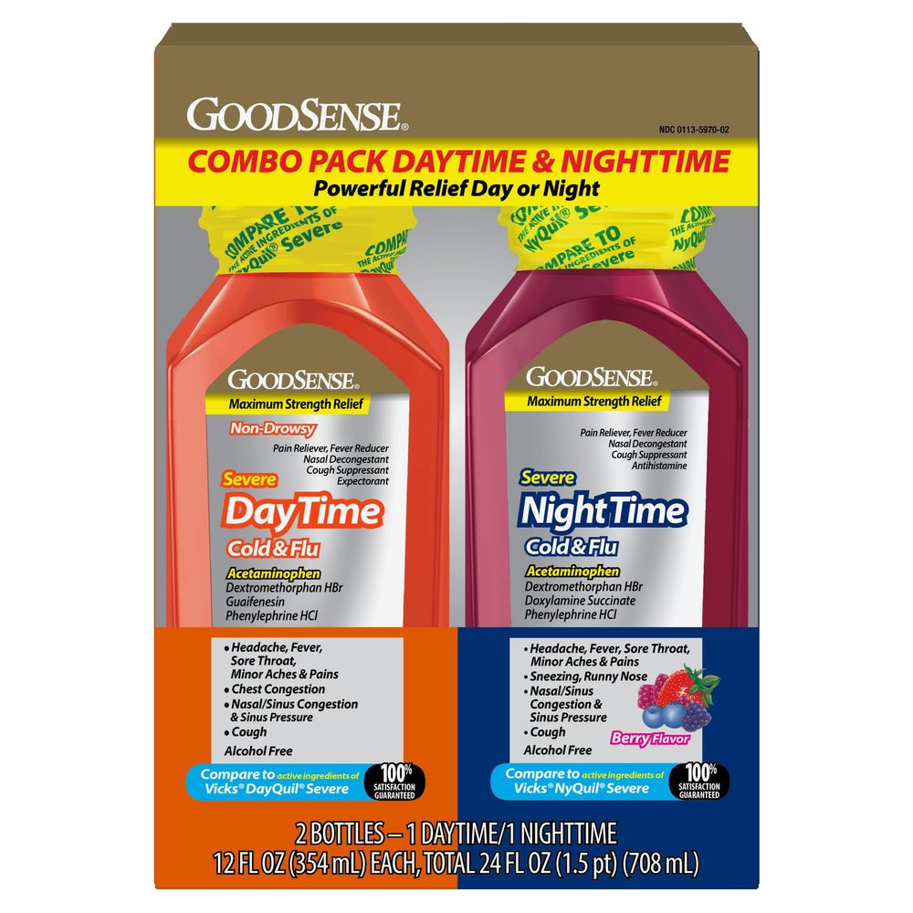 GoodSense Daytime and Nighttime Max Strength Severe Cold and Flu Relief Combination Pack; Cold and Flu Medicine for Day and Night, 12 Fl Oz Each
