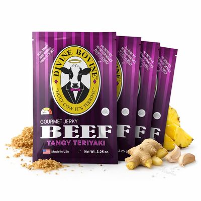Divine Bovine Gourmet Beef Jerky Tangy Teriyaki Flavor - 4 pack (3.25 oz Bags), Premium Steer Brisket, All-Natural Beef Jerky, No Artificial Preservatives, Protein Snack