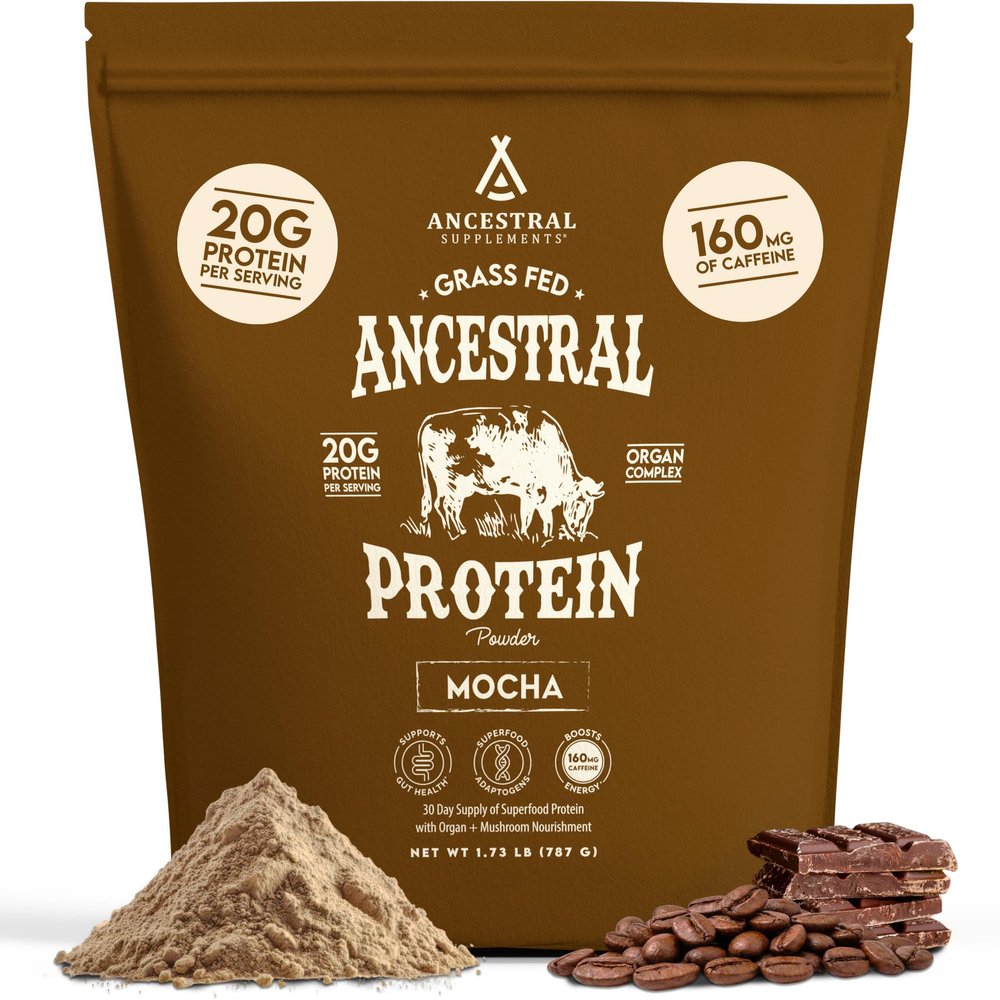 Ancestral Supplements Grass Fed Protein Powder, Mocha Coffee, Bone Broth Protein + Beef Organs + Organic Mushrooms, w/ 160mg Naturally Occurring Caffeine, 20g Protein, Gut Health Support, 30 Servings