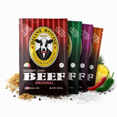 Divine Bovine Gourmet Jerky - Original, Tangy Teriyaki, Hot & Tangy Teriyaki, Spicy Jalapeo Flavor - 4 Pack (3.25 oz Bags), Premium Steer Brisket, All-Natural, No Artificial Preservatives, Protein Snack