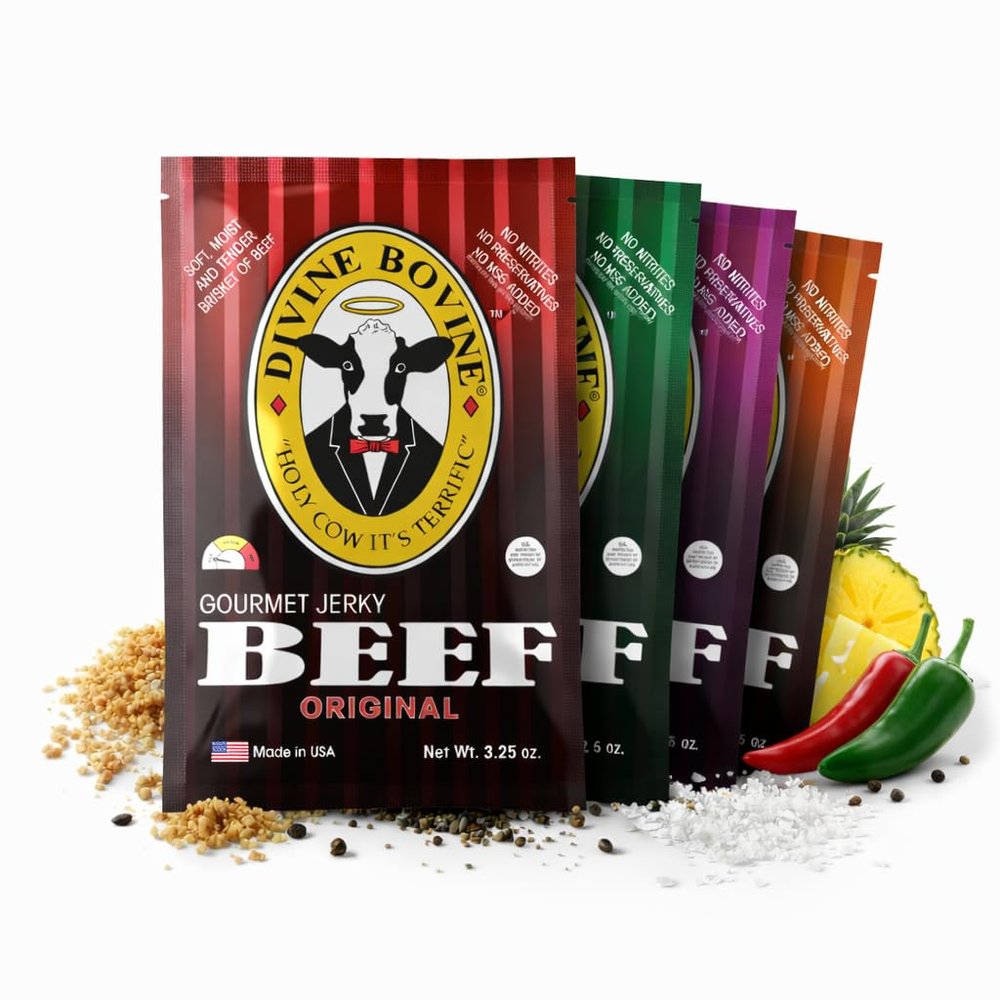 Divine Bovine Gourmet Jerky - Original, Tangy Teriyaki, Hot & Tangy Teriyaki, Spicy Jalapeo Flavor - 4 Pack (3.25 oz Bags), Premium Steer Brisket, All-Natural, No Artificial Preservatives, Protein Snack