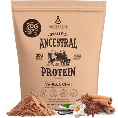 Ancestral Supplements Grass Fed Protein Powder, Vanilla Chai, Bone Broth Protein + Beef Organs + Organic Mushrooms, 20g Protein, Gut Health Support, 30 Servings