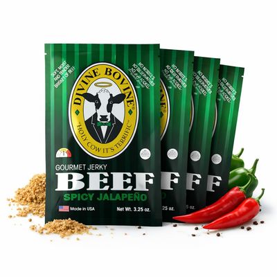 Divine Bovine Gourmet Beef Jerky Spicy Jalapeo Flavor - 4 Pack (3.25 oz Bags), Premium Steer Brisket, All-Natural Beef Jerky, No Artificial Preservatives