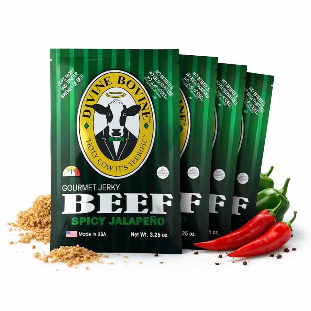 Divine Bovine Gourmet Beef Jerky Spicy Jalapeo Flavor - 4 Pack (3.25 oz Bags), Premium Steer Brisket, All-Natural Beef Jerky, No Artificial Preservatives