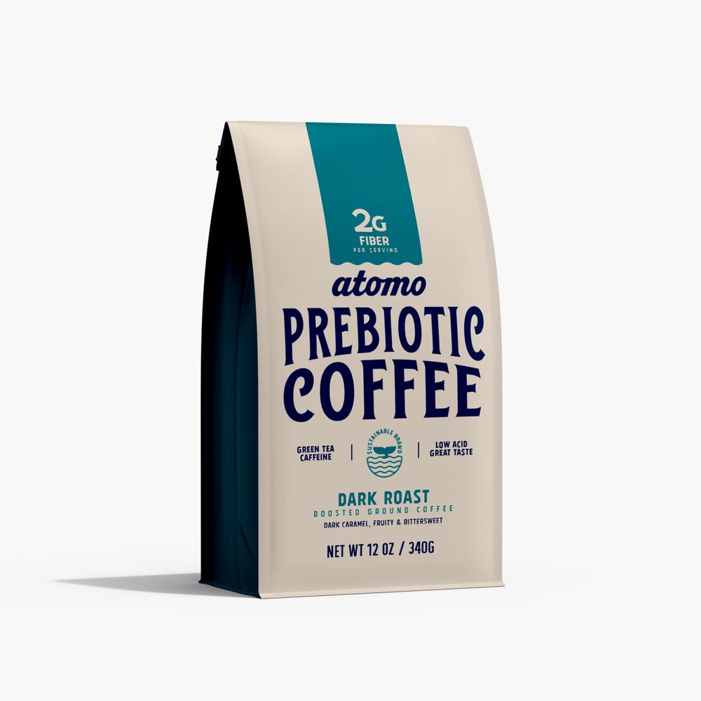 Atomo Prebiotic Coffee, Dark Roast Ground Coffee Low Acid Gut Health Coffee with 2g Prebiotic Fiber, Smooth Energy with No Jitters 12 oz Bag