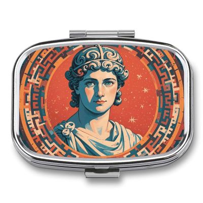 Ancient Rome Stamped Pill Box 2 Compartments Portable Travel Pill Case Mini Medicine Organizer for Pocket Purse Metal Waterproof Medicine Container Holder Vitamin Fish Oil