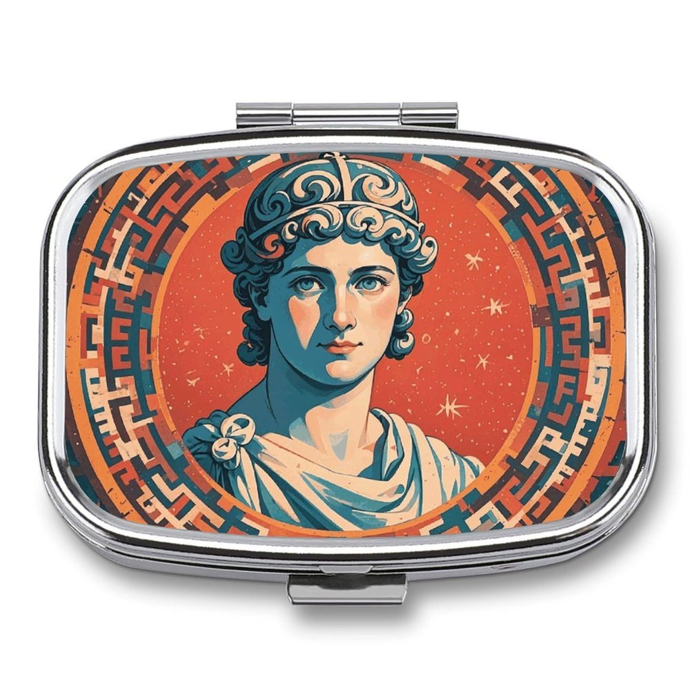 Ancient Rome Stamped Pill Box 2 Compartments Portable Travel Pill Case Mini Medicine Organizer for Pocket Purse Metal Waterproof Medicine Container Holder Vitamin Fish Oil