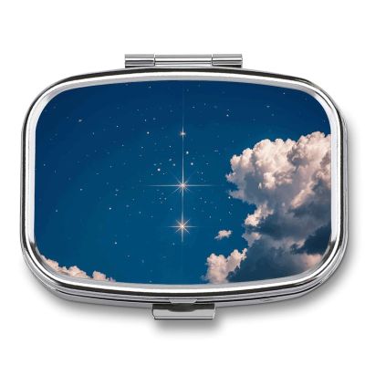 Navy Blue and Stars Pill Box 2 Compartments Portable Travel Pill Case Mini Medicine Organizer for Pocket Purse Metal Waterproof Medicine Container Holder Vitamin Fish Oil