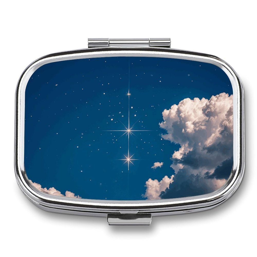 Navy Blue and Stars Pill Box 2 Compartments Portable Travel Pill Case Mini Medicine Organizer for Pocket Purse Metal Waterproof Medicine Container Holder Vitamin Fish Oil