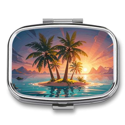 Sunrise Palm Tree Island Pill Box 2 Compartments Portable Travel Pill Case Mini Medicine Organizer for Pocket Purse Metal Waterproof Medicine Container Holder Vitamin Fish Oil