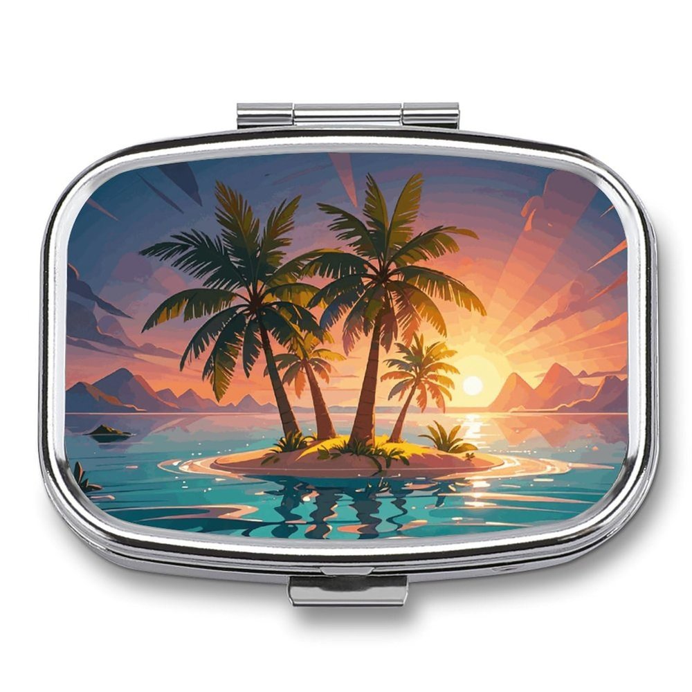 Sunrise Palm Tree Island Pill Box 2 Compartments Portable Travel Pill Case Mini Medicine Organizer for Pocket Purse Metal Waterproof Medicine Container Holder Vitamin Fish Oil