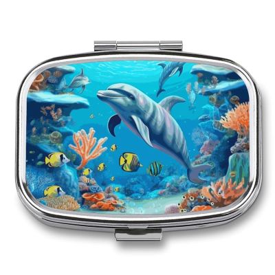 Coral Fish Dolphins Pill Box 2 Compartments Portable Travel Pill Case Mini Medicine Organizer for Pocket Purse Metal Waterproof Medicine Container Holder Vitamin Fish Oil
