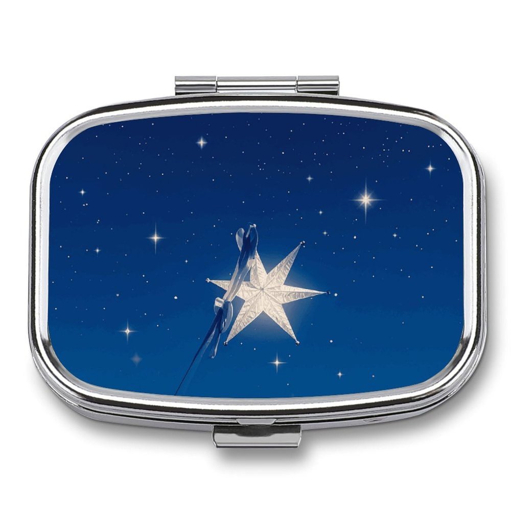 Navy Blue and Star Pill Box 2 Compartments Portable Travel Pill Case Mini Medicine Organizer for Pocket Purse Metal Waterproof Medicine Container Holder Vitamin Fish Oil