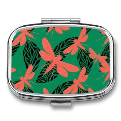 Moss Insect Wing Pill Box 2 Compartments Portable Travel Pill Case Mini Medicine Organizer for Pocket Purse Metal Waterproof Medicine Container Holder Vitamin Fish Oil