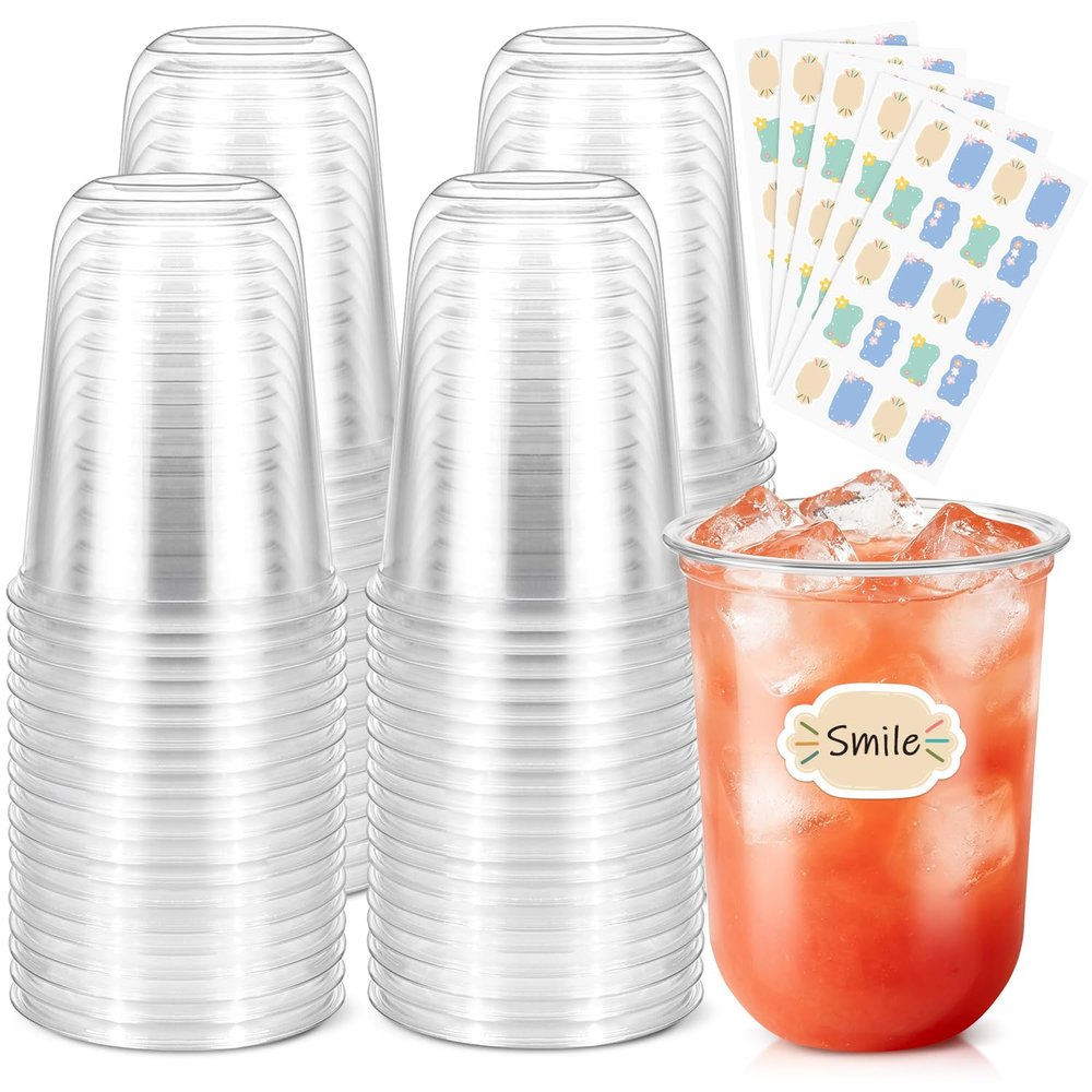 Etersky 100 Pack 16 oz Clear Disposable Plastic Cups with Sticker Designs