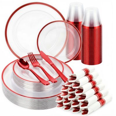 cheerserve 350pcs Plastic Dinnerware Set,Clear and Red Disposable Plastic Plates for 50 Guests Include 100 Plastic Plates,150 Plastic Silverware Set,50 Cups and 50 Pre Rolled Napkins for Party,Wedding