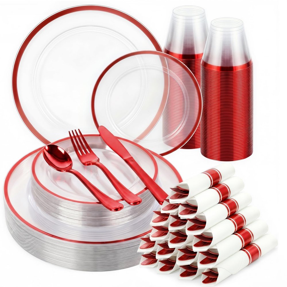 cheerserve 350pcs Plastic Dinnerware Set,Clear and Red Disposable Plastic Plates for 50 Guests Include 100 Plastic Plates,150 Plastic Silverware Set,50 Cups and 50 Pre Rolled Napkins for Party,Wedding