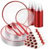 cheerserve 350pcs Plastic Dinnerware Set,Clear and Red Disposable Plastic Plates for 50 Guests Include 100 Plastic Plates,150 Plastic Silverware Set,50 Cups and 50 Pre Rolled Napkins for Party,Wedding view 1