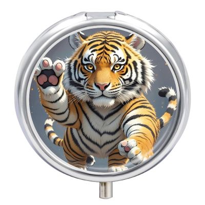 Tiger Head with Raised Paws Pill Box Case with 3 Individual Compartments Compact Portable Medication Management Mini Small Pill Organizer for Vitamins Medication Fish Oil Supplements