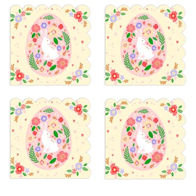 40PCS Easter Bunny Napkins, Yellow Scalloped Paper Napkins with Pink Egg & White Rabbit Design, 13x13 Inch Unfolded Party Napkins for Easter Party, Spring Celebration, Brunch, Baby Shower