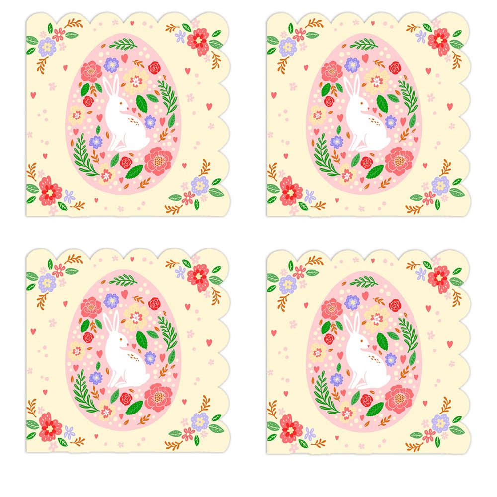 40PCS Easter Bunny Napkins, Yellow Scalloped Paper Napkins with Pink Egg & White Rabbit Design, 13x13 Inch Unfolded Party Napkins for Easter Party, Spring Celebration, Brunch, Baby Shower