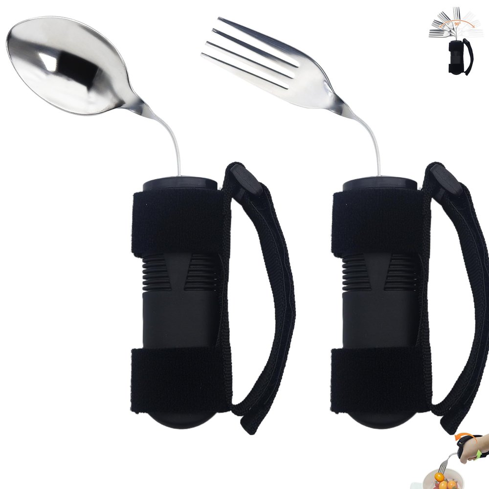 2 Pcs Adaptive Utensils Set with Spoon and Fork, 3.7 oz Weighted Adaptive Utensils for Hand Tremors & Parkinson's & Weak Hand Grip with Non-Slip Grip,90 Angled Weighted Silverware for Arthritis