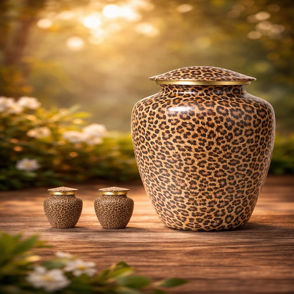 Leopard Print Cremation Urn for Human Ashes 200lbs Adult Funeral Urn with 2 Keepsake Urns - Secure Lid, Decorative Large Memorial Urn Set for Home Display Included Valvet Bag