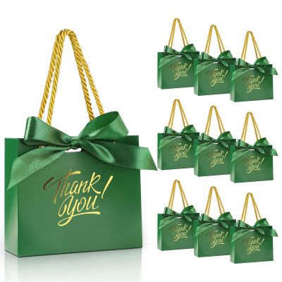 EQOREIIN Small Gift Bags, 100 Pack 4.5x1.8x3.9 Inches Mini Thank You Bags Green Kraft Paper Gift Bag with Bow Ribbon, Small Candy Bags Bulk for Party Favors Birthday Wedding Baby Shower (Green)