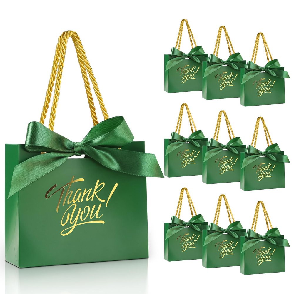 EQOREIIN Small Gift Bags, 100 Pack 4.5x1.8x3.9 Inches Mini Thank You Bags Green Kraft Paper Gift Bag with Bow Ribbon, Small Candy Bags Bulk for Party Favors Birthday Wedding Baby Shower (Green)