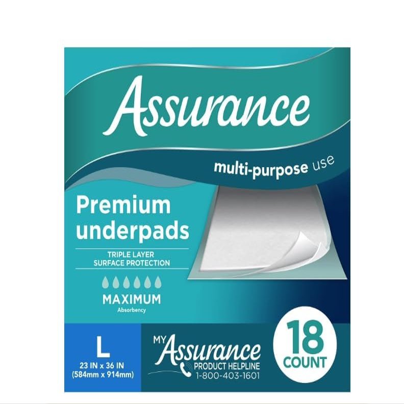 Assurance Premium Underpads, Large 23 x 36 Inches, Maximum Absorbency, 18 Count
