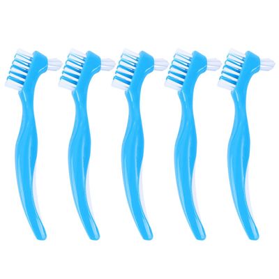 Uonlytech Dual Heads Denture Care Toothbrush 5pcs Blue Portable False Teeth Cleaning Brush for Home Oral Hygiene