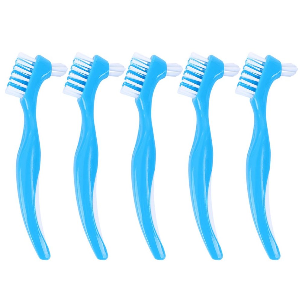 Uonlytech Dual Heads Denture Care Toothbrush 5pcs Blue Portable False Teeth Cleaning Brush for Home Oral Hygiene