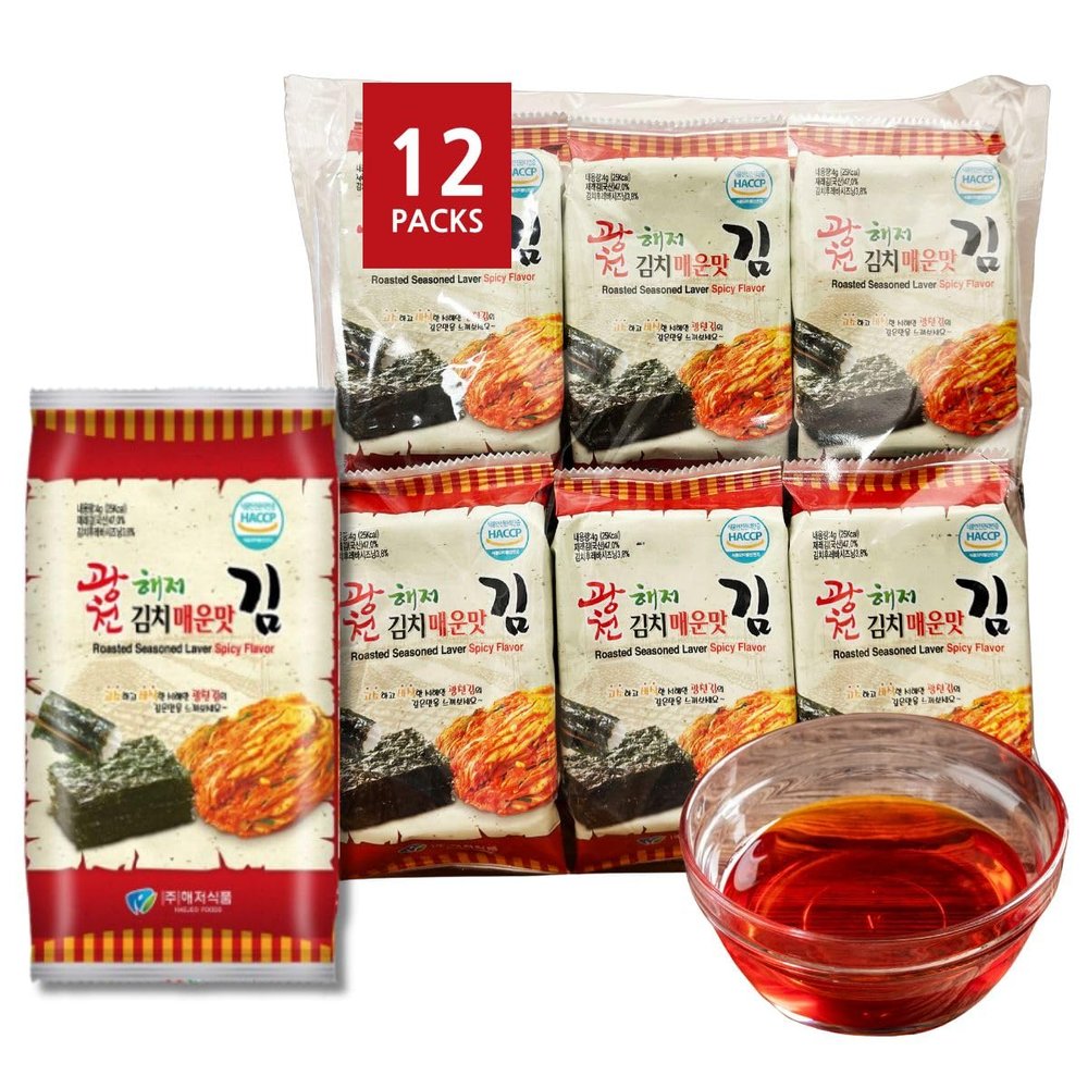 Kimchi Seasoned Roasted Seaweed Snack 12 Count, Double Roasted with Kimchi Flavor Oil for Even Taste, Extra Crispy, Korean Spicy Seaweed