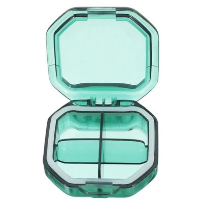 SOLUSTRE Portable Weekly Pill Organizer Small Medicine Box with 4 Green Compartments, Airtight Travel Pill Container for Purse, Medication Dispenser with Labels for Daily Use