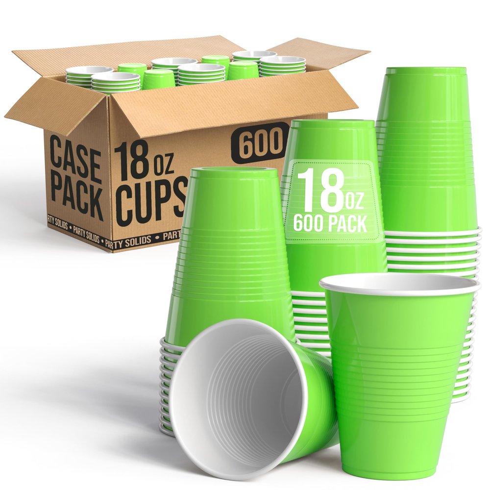 Party Solids 18 Oz Lime Green Plastic Cups For Party Supplies 600 Pack | Lime Green Large Plastic Cups Bulk | Disposable Drinkware For Parties, Events & Everyday