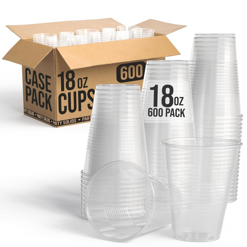 Party Solids 18 Oz Clear Plastic Cups For Party Supplies 600 Pack | Clear Large Plastic Cups Bulk | Disposable Drinkware For Parties, Events & Everyday