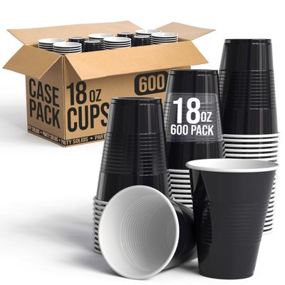 Party Solids 18 Oz Black Plastic Cups For Party Supplies 600 Pack | Black Large Plastic Cups Bulk | Disposable Drinkware For Parties, Events & Everyday