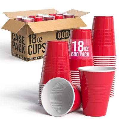 Party Solids 18 Oz Red Plastic Cups For Party Supplies 600 Pack | Red Large Plastic Cups Bulk | Disposable Drinkware For Parties, Events & Everyday