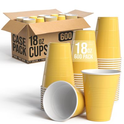 Party Solids 18 Oz Yellow Plastic Cups For Party Supplies 600 Pack | Yellow Large Plastic Cups Bulk | Disposable Drinkware For Parties, Events & Everyday