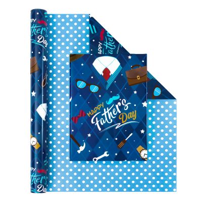 WERNNSAI Fathers Day Wrapping Paper - 1 Roll 17 x 33 ft Happy Fathers Day Wrapping Paper Roll for Men Dad Father Grandpa Blue Gift Wrap Paper for Birthday Father's Day Party