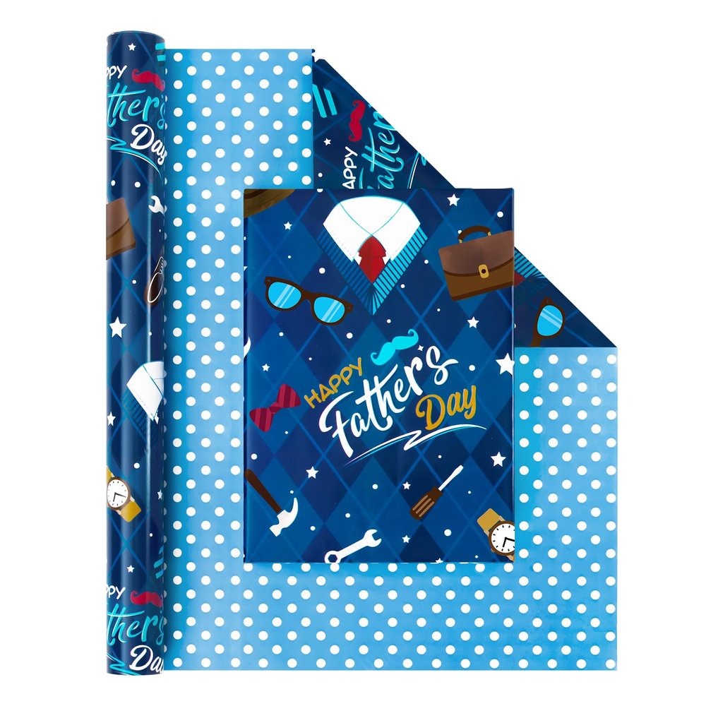 WERNNSAI Fathers Day Wrapping Paper - 1 Roll 17 x 33 ft Happy Fathers Day Wrapping Paper Roll for Men Dad Father Grandpa Blue Gift Wrap Paper for Birthday Father's Day Party