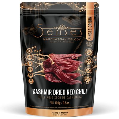 5Senses Kashmir Dried Red Chili | Chile Rojo Seco De Cashmira | MARCHWAGAN MELODY | Single Origin Sikkim Spices, Non-GMO, Gourmet Spice Whole Chilies from the Valleys of Kashmir, Vibrant Ruby Red Hue & Mild Heat (100g/3.5oz)