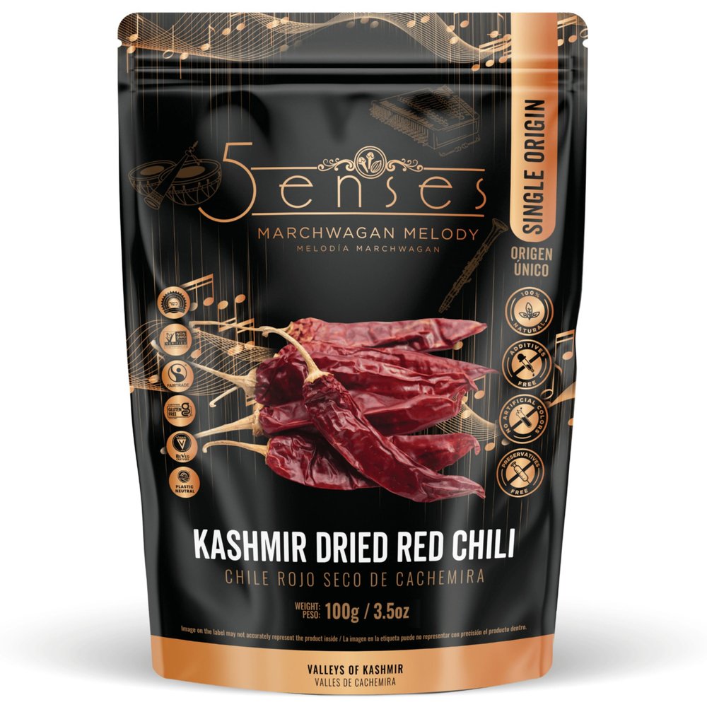 5Senses Kashmir Dried Red Chili | Chile Rojo Seco De Cashmira | MARCHWAGAN MELODY | Single Origin Sikkim Spices, Non-GMO, Gourmet Spice Whole Chilies from the Valleys of Kashmir, Vibrant Ruby Red Hue & Mild Heat (100g/3.5oz)