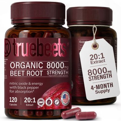 TRUE BEETS Organic Beet Root Capsules - 20:1 Extract Beetroot Supplement, 120 Vegan Capsules, 4 Month Supply - Nitric Oxide & Blood Pressure Support, Non-GMO, Made in the USA