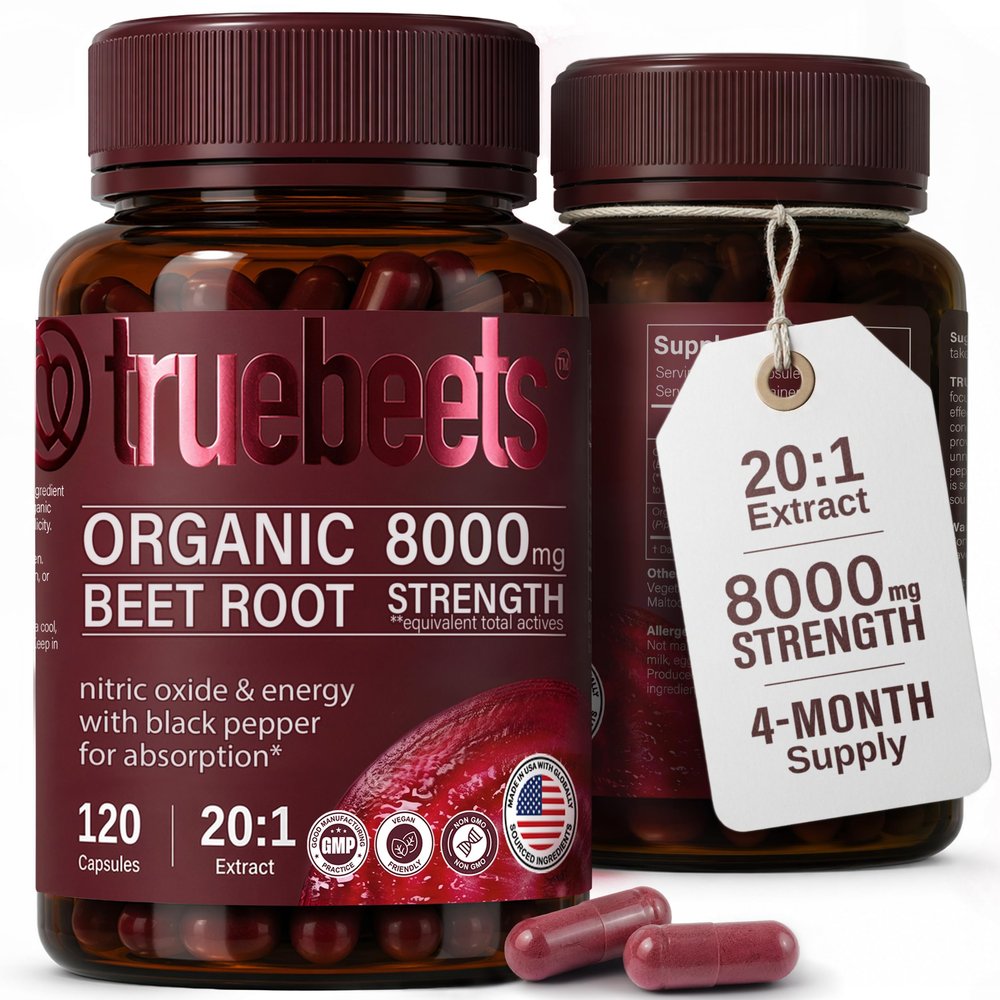 TRUE BEETS Organic Beet Root Capsules - 20:1 Extract Beetroot Supplement, 120 Vegan Capsules, 4 Month Supply - Nitric Oxide & Blood Pressure Support, Non-GMO, Made in the USA