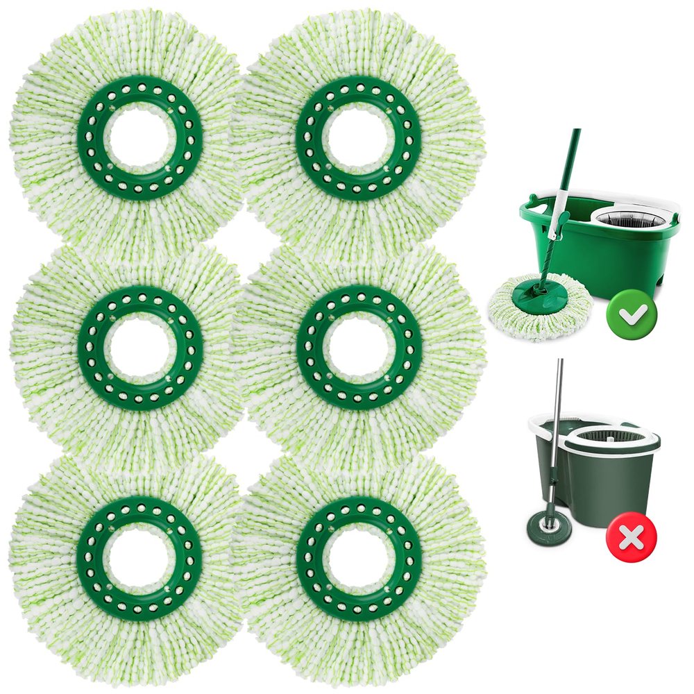 6 Pack Mop Head Replacement for Libman Tornado Spin Mops, Spin Mop Head Refill ONLY Compatible with Libman, Easy to Replace, Machine Washable, Green and White (NOT for Old Version)