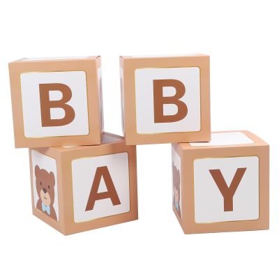 4pcs 11.81in Bear Themed Balloon Boxes, Gender Reveal Party Decorations with B A B Y Letters, Reusable Paperboard Centerpiece for Birthday and Baby Shower