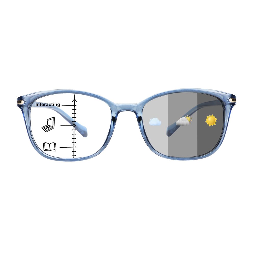 1Pair VisionGlobal Portable Progressive Multifocal Glasses, Photochromic Gray Sunglasses for Unisex Clear Blue,+0.00/+3.00Magnification