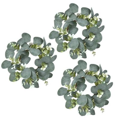 Artificial Eucalyptus Candle Rings Wreaths 3 Inch Center Mini Wreath for Pillars, Spring Small Wreath for Farmhouse Boho Easter Summer Wedding Tabletop Decor (2)
