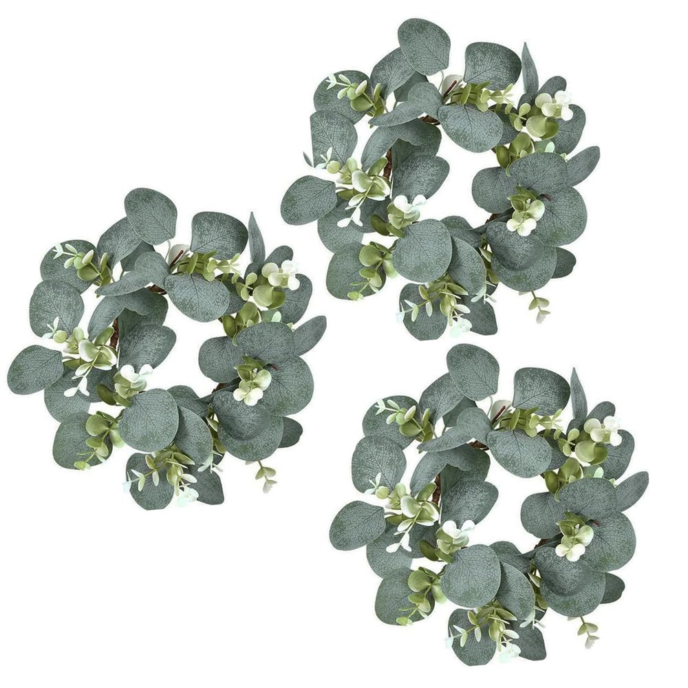 Artificial Eucalyptus Candle Rings Wreaths 3 Inch Center Mini Wreath for Pillars, Spring Small Wreath for Farmhouse Boho Easter Summer Wedding Tabletop Decor (2)